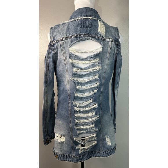 Ziva Curve Womens S Distressed Jean Jacket Cold Shoulder Long Blue Denim Coat - Picture 4 of 8